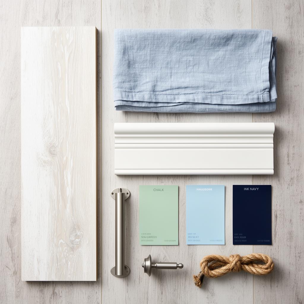 Battersea Riverside material sample board — flooring, fabric, skirting and paint swatches