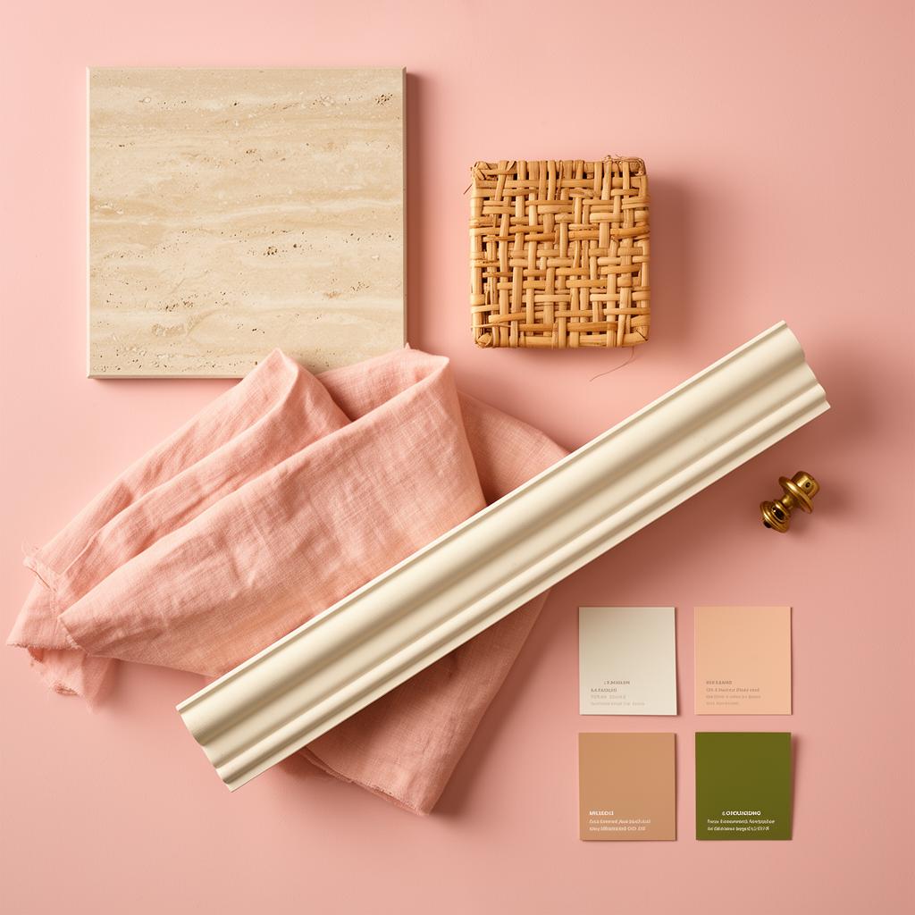 Belgravia Riviera material sample board — flooring, fabric, skirting and paint swatches