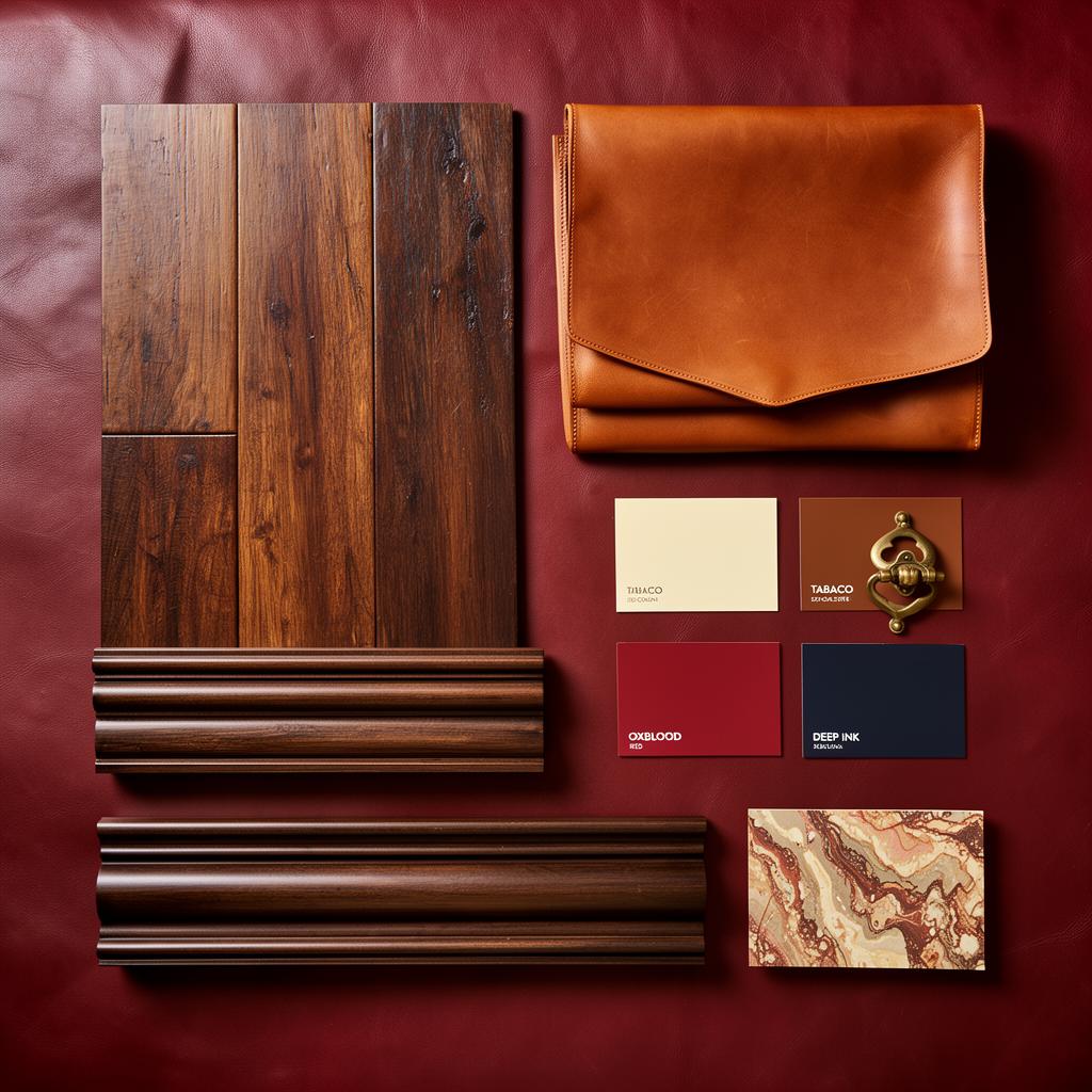 South Ken Bibliothèque material sample board — flooring, fabric, skirting and paint swatches