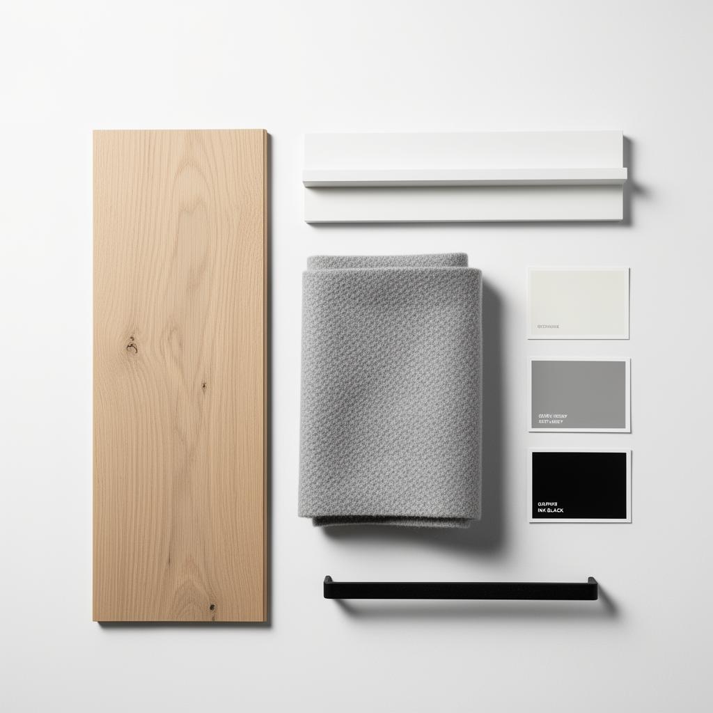Chelsea Modern material sample board — flooring, fabric, skirting and paint swatches