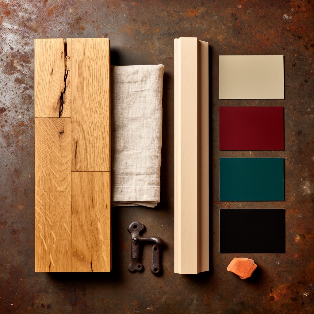 Clerkenwell Workshop material sample board — flooring, fabric, skirting and paint swatches