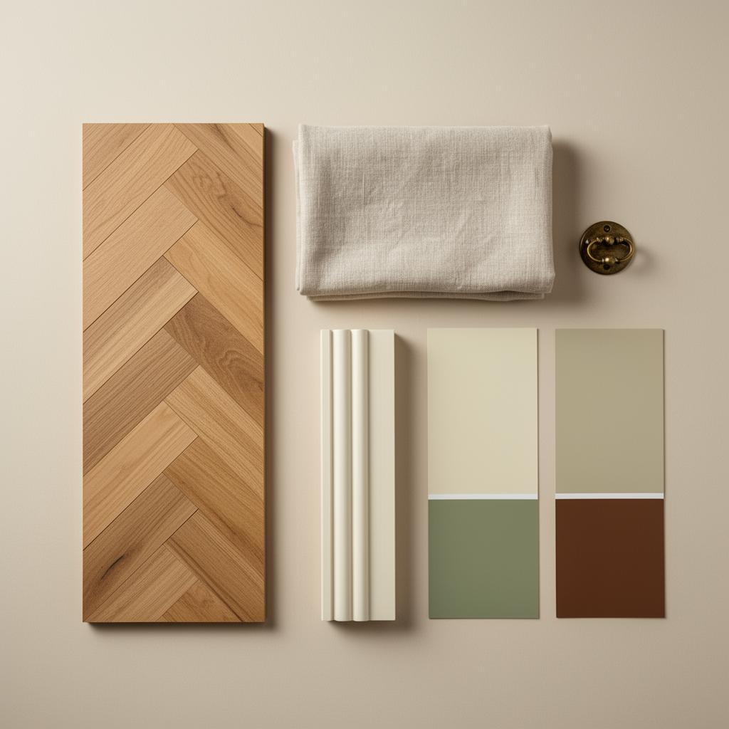 Hampstead Heritage material sample board — flooring, fabric, skirting and paint swatches