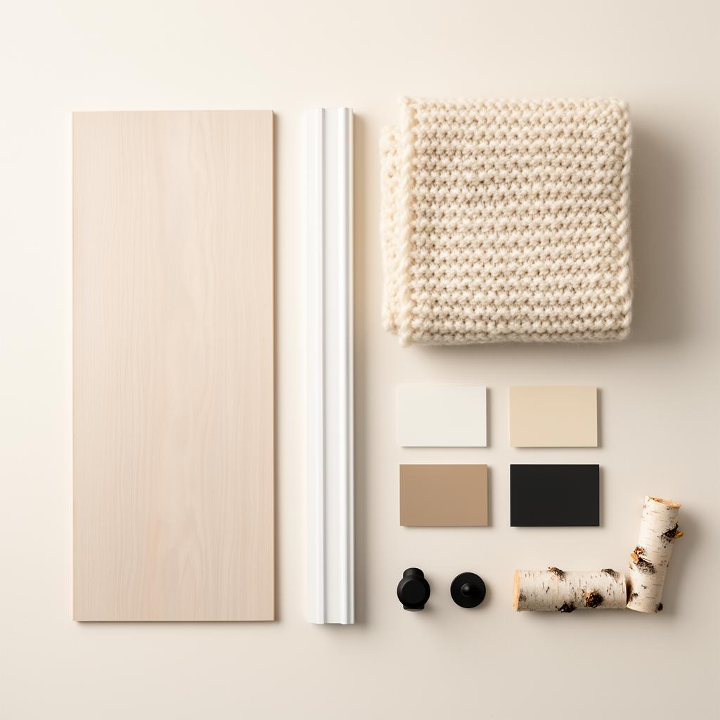 Highgate Cabin material sample board — flooring, fabric, skirting and paint swatches