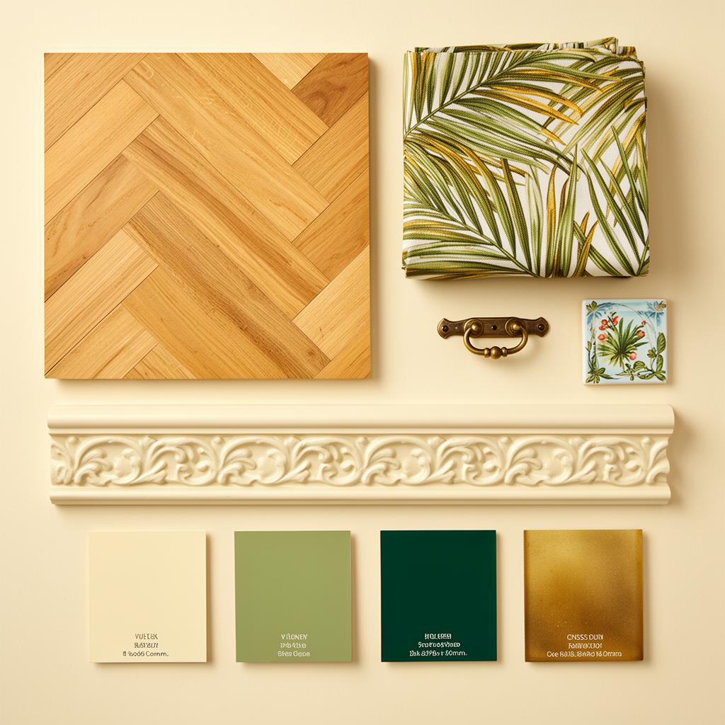 Holland Park Conservatory material sample board — flooring, fabric, skirting and paint swatches