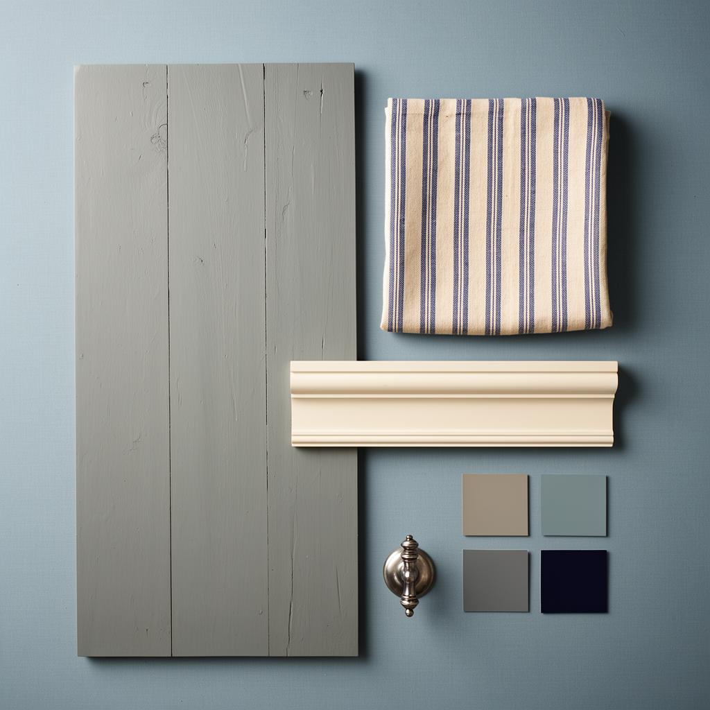 Islington Georgian material sample board — flooring, fabric, skirting and paint swatches
