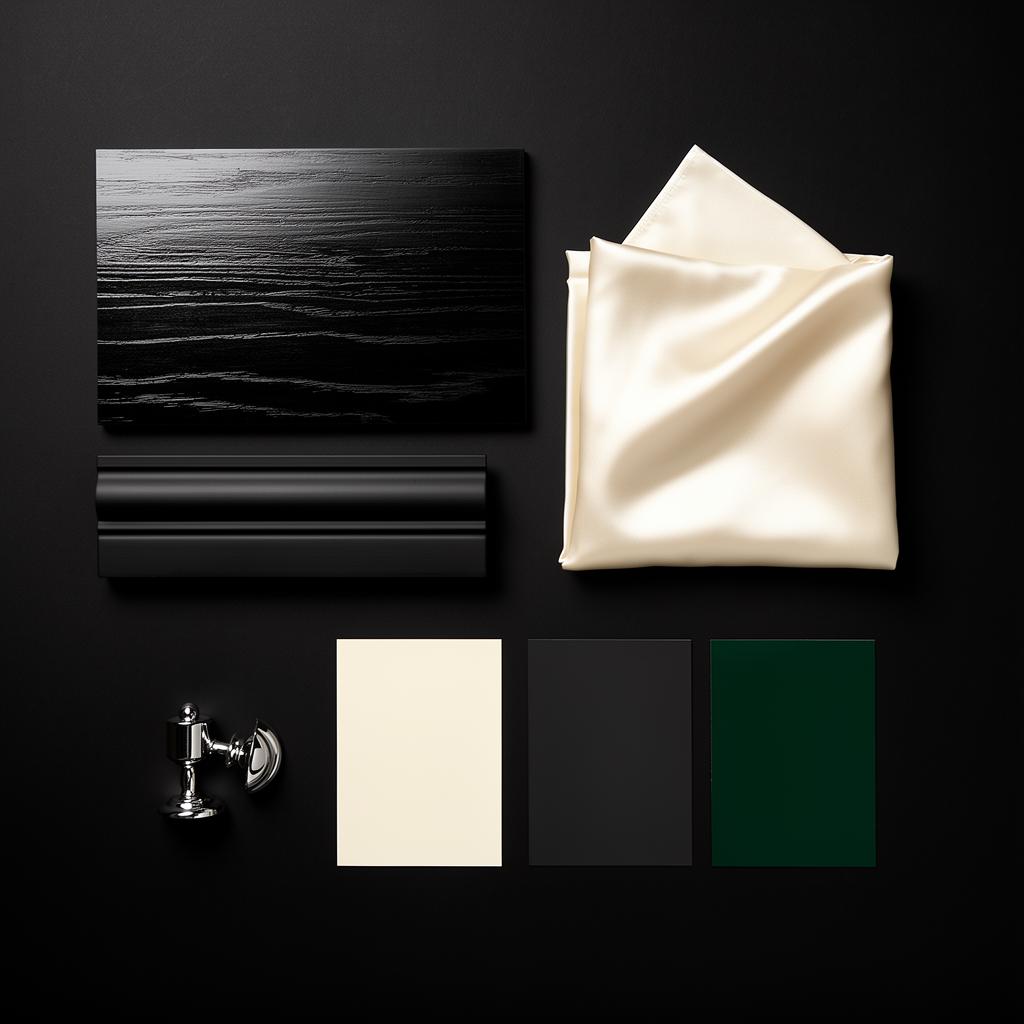 Knightsbridge Couture material sample board — flooring, fabric, skirting and paint swatches