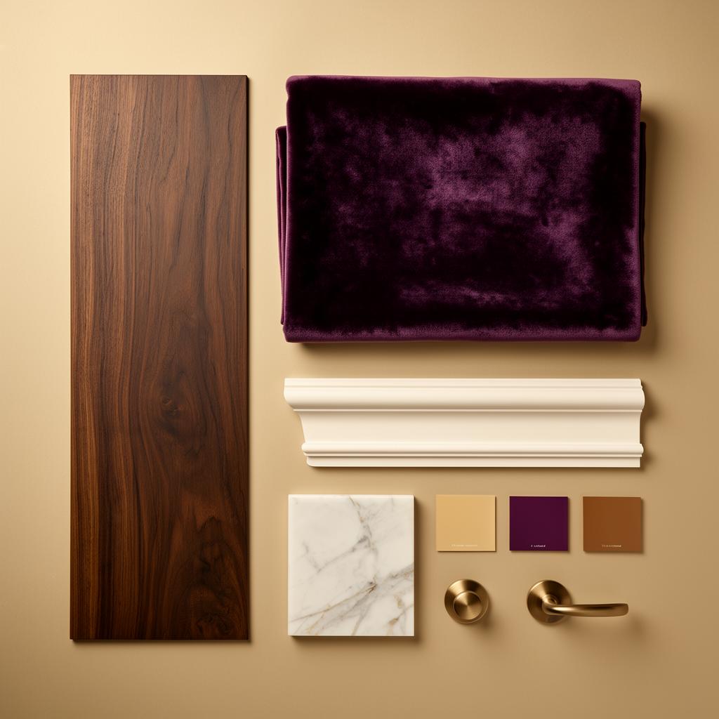 Marylebone Hotel material sample board — flooring, fabric, skirting and paint swatches