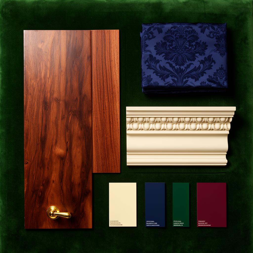 Mayfair Townhouse material sample board — flooring, fabric, skirting and paint swatches