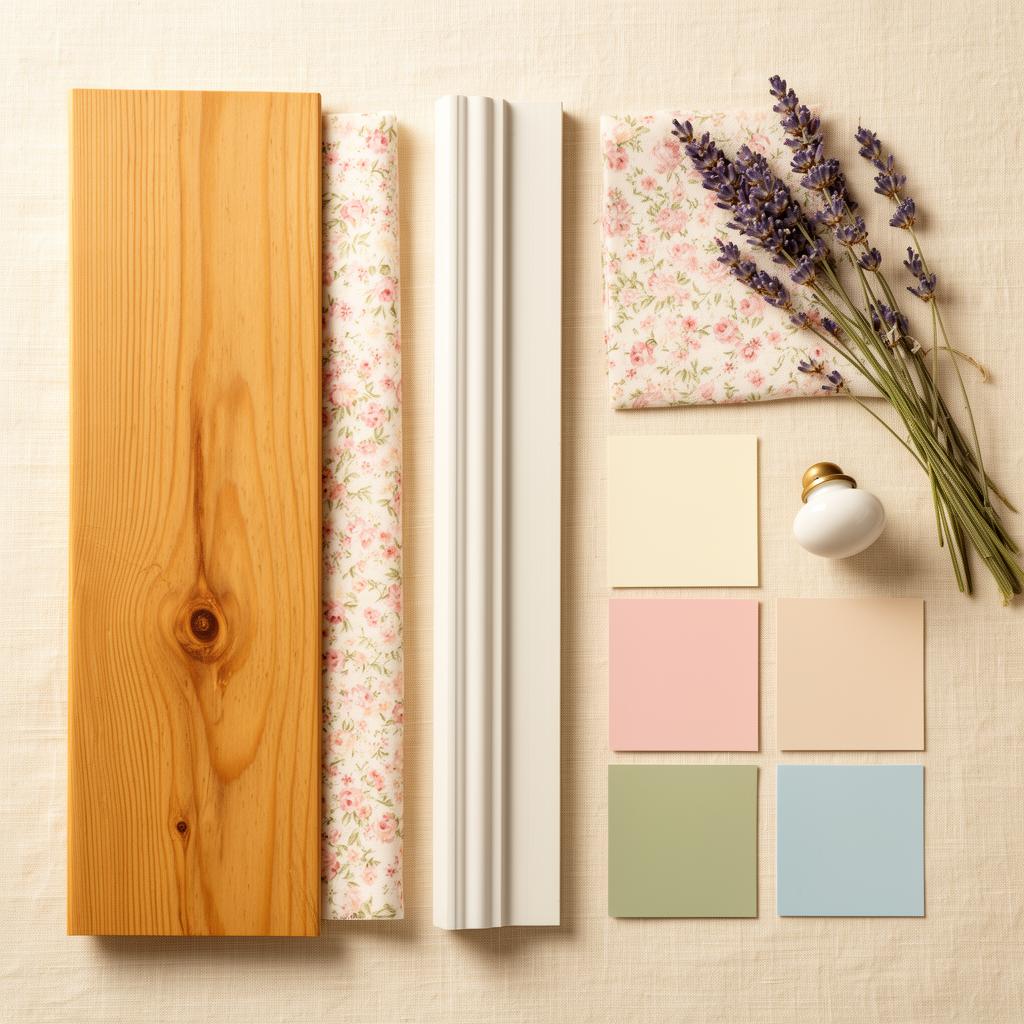 Mews Cottage material sample board — flooring, fabric, skirting and paint swatches