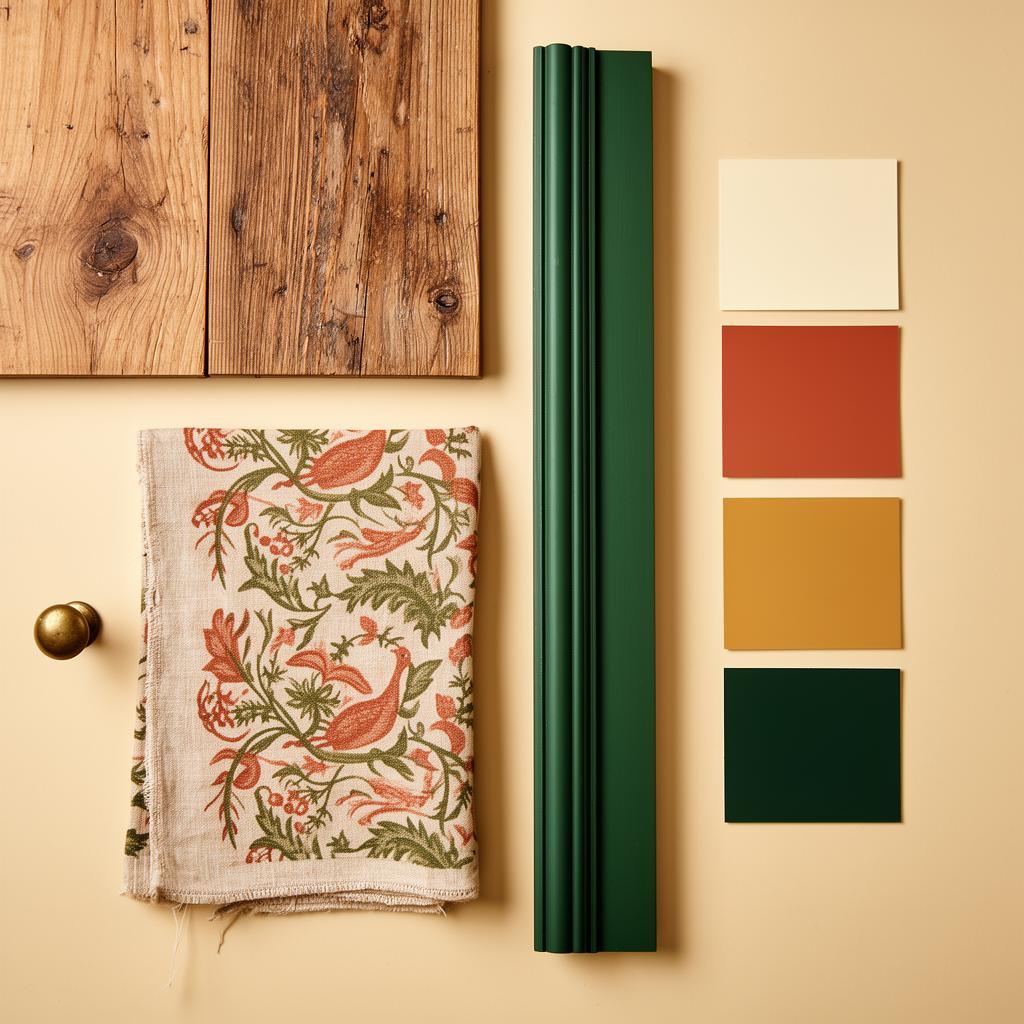 Notting Hill Atelier material sample board — flooring, fabric, skirting and paint swatches