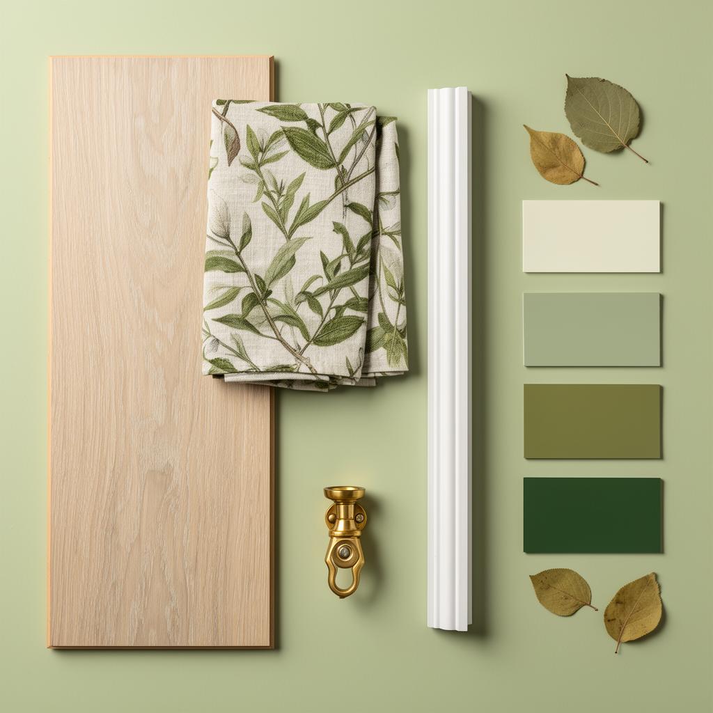 Primrose Garden material sample board — flooring, fabric, skirting and paint swatches