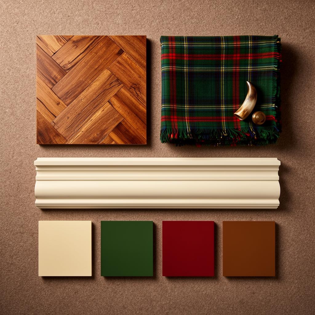 Richmond Lodge material sample board — flooring, fabric, skirting and paint swatches