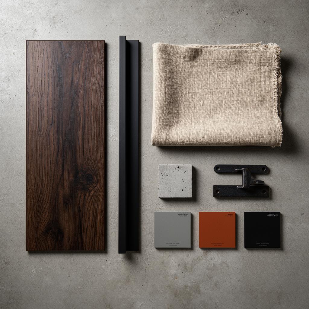 Shoreditch Studio material sample board — flooring, fabric, skirting and paint swatches