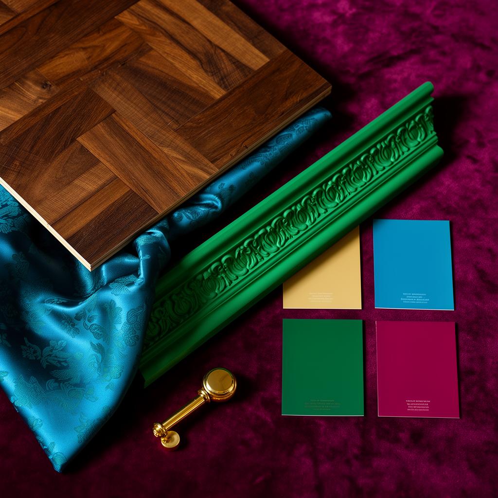 Spitalfields Maximal material sample board — flooring, fabric, skirting and paint swatches