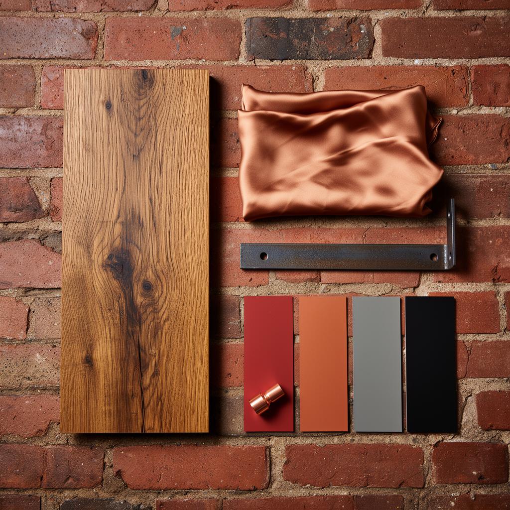 Hampton Wharf material sample board — flooring, fabric, skirting and paint swatches
